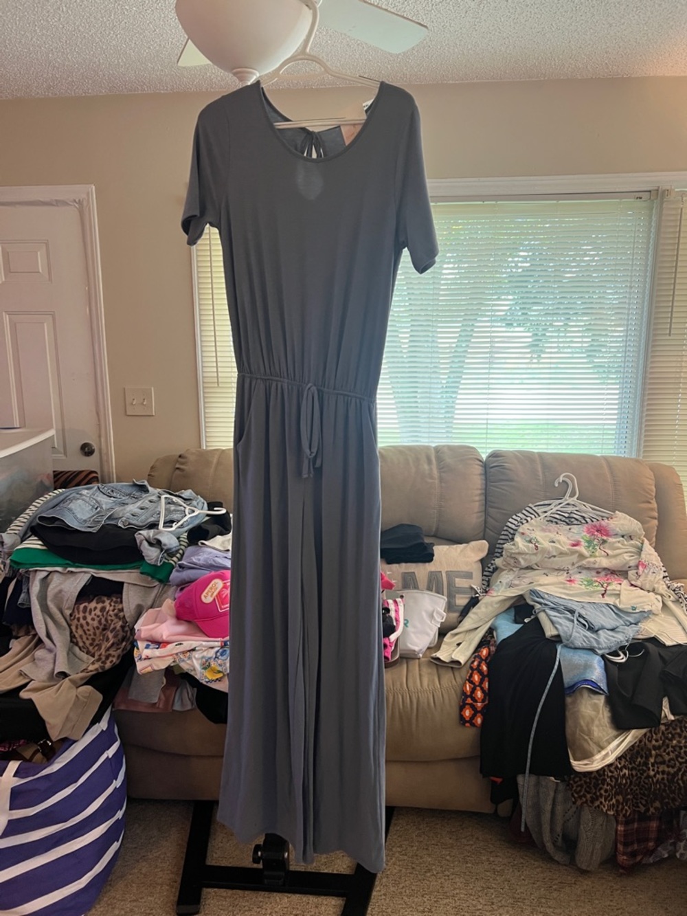 Women's blue Short-Sleeve Jumpsuit with Tie Waist